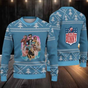 Light Blue Nordic Tree Pattern “Bad Bunny Superache Collage” Ugly Christmas Sweater