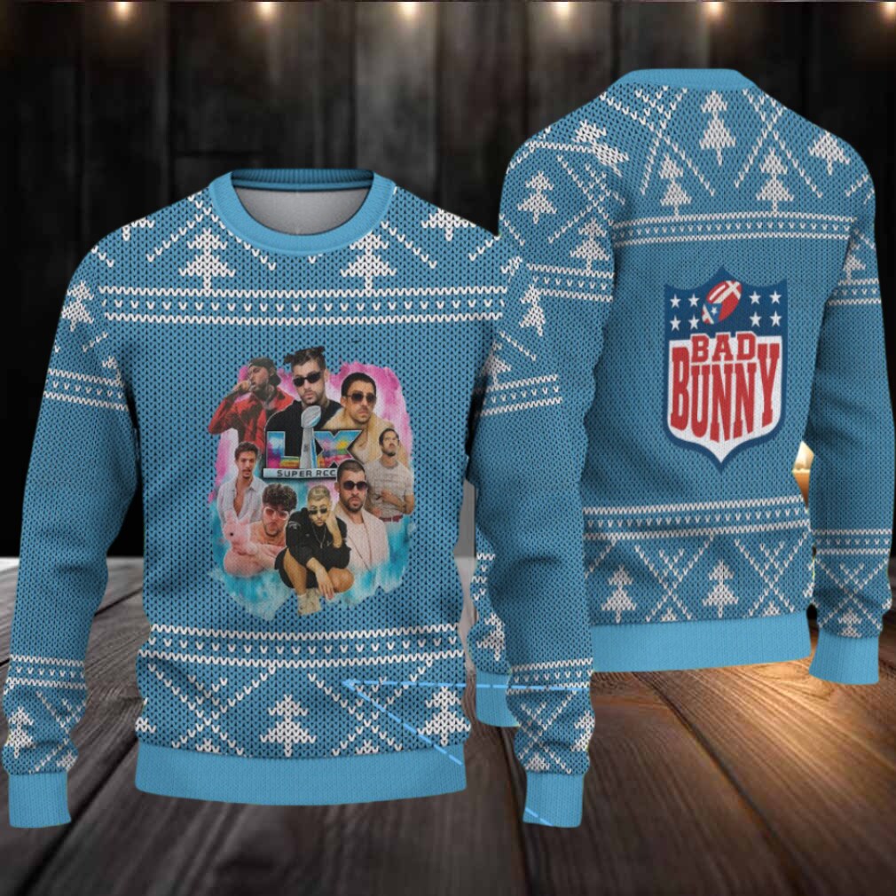 Light Blue Nordic Tree Pattern “Bad Bunny Superache Collage” Ugly Christmas Sweater Light Blue Nordic Tree Pattern “Bad Bunny Superache Collage” Ugly Christmas Sweater