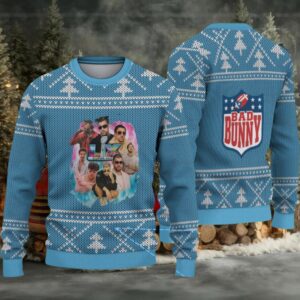 Light Blue Nordic Tree Pattern “Bad Bunny Superache Collage” Ugly Christmas Sweater
