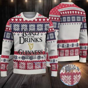 Light Grey Navy & Burgundy Fair Isle Snowflake “Lord of the Drinks” Guinness Ugly Christmas Sweater