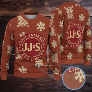 Burnt Orange Jameson Whiskey JJ&S Logo Snowflake Christmas Ugly Sweater