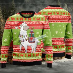 Llama Pattern Ugly Christmas Sweater Green Family