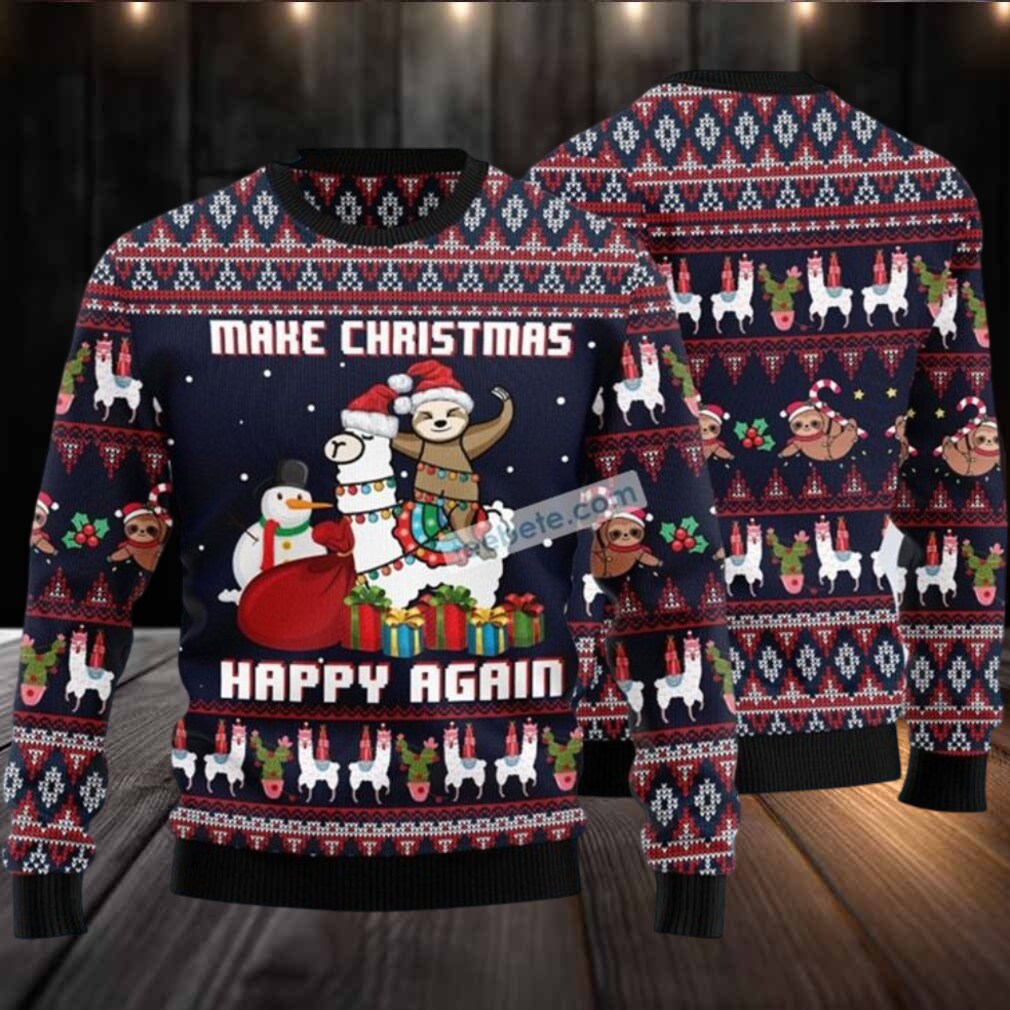 Llama Sloth Make Christmas Happy Again Ugly Sweater Black Party Llama Sloth Make Christmas Happy Again Ugly Sweater Black Party