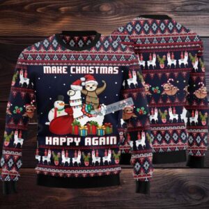 Llama Sloth Make Christmas Happy Again Ugly Sweater Black Party