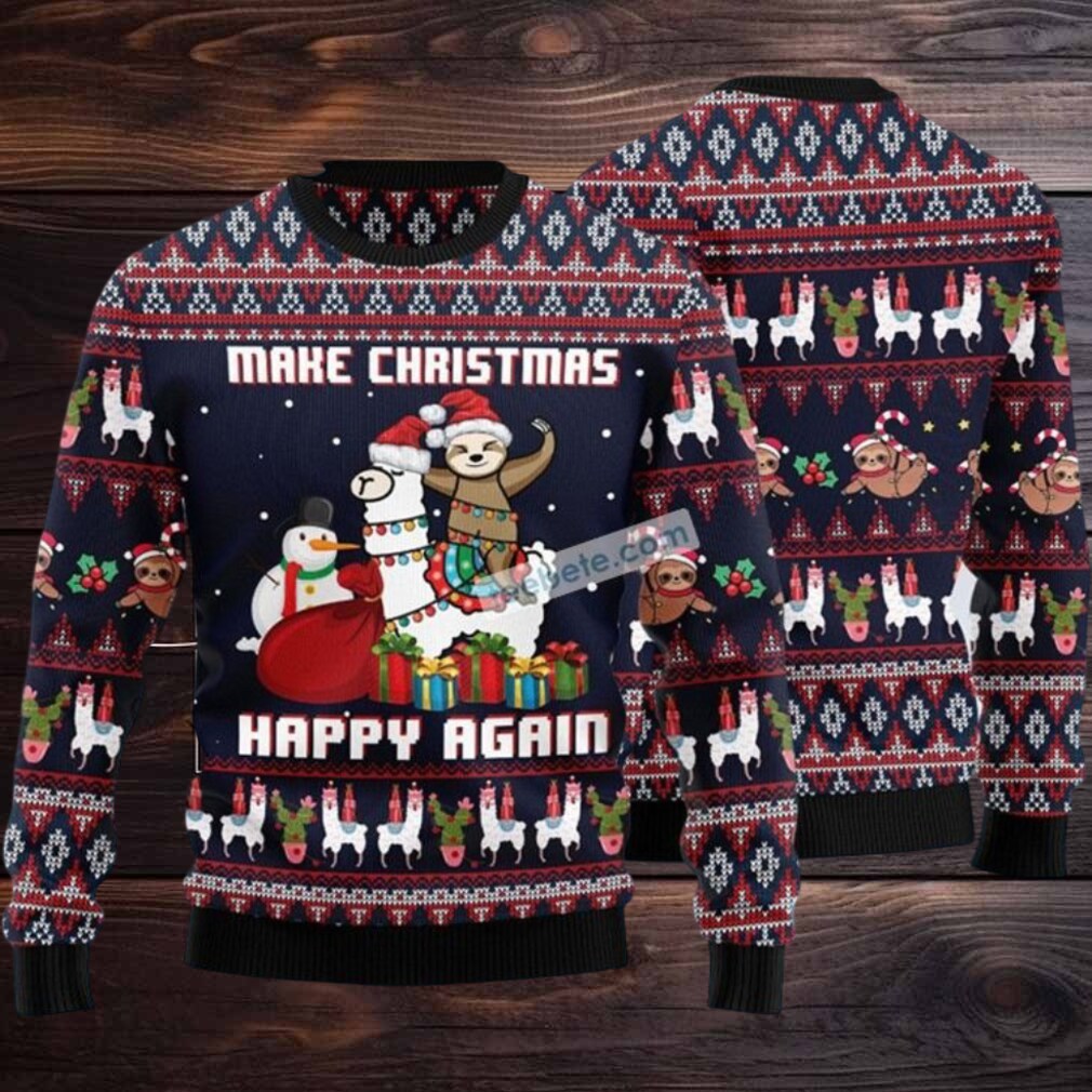 Llama Sloth Make Christmas Happy Again Ugly Sweater Black Party Llama Sloth Make Christmas Happy Again Ugly Sweater Black Party