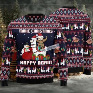 Llama Sloth Make Christmas Happy Again Ugly Sweater Black Party