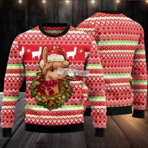 Llama Ugly Christmas Sweater Wreath Red Mens