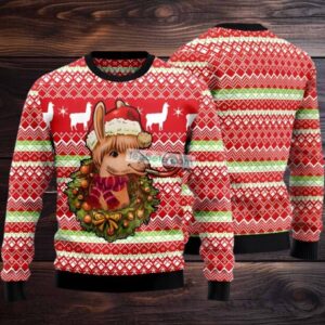 Llama Ugly Christmas Sweater Wreath Red Mens