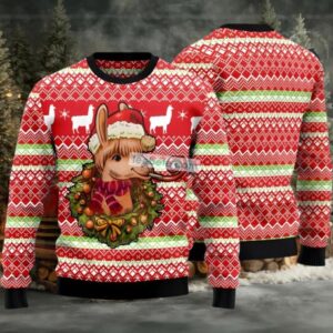 Llama Ugly Christmas Sweater Wreath Red Mens