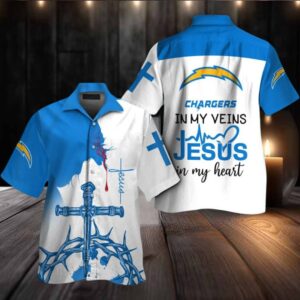 Los Angeles Chargers In My Veins Jesus Im My Heart Hawaiian Shirt