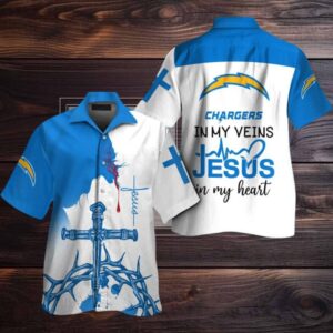 Los Angeles Chargers In My Veins Jesus Im My Heart Hawaiian Shirt