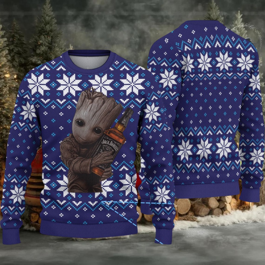 Navy Fair Isle Snowflake Ugly Christmas Sweater Jack Daniel’s Whiskey with Baby Groot Holding Bottle Navy Fair Isle Snowflake Ugly Christmas Sweater Jack Daniel’s Whiskey with Baby Groot Holding Bottle