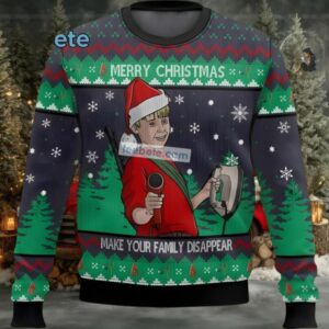 Make Your Family Disappear Home Alone Ugly Christmas Sweater Grey Green Cute