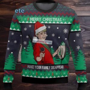 Make Your Family Disappear Home Alone Ugly Christmas Sweater Grey Green Cute