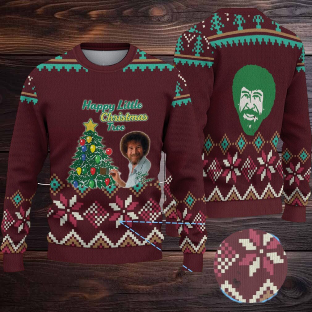 Maroon & Green Snowflake Pattern “Bob Ross Happy Little Christmas Tree” Ugly Christmas Sweater Maroon & Green Snowflake Pattern “Bob Ross Happy Little Christmas Tree” Ugly Christmas Sweater