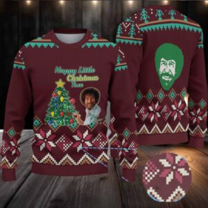 Maroon & Green Snowflake Pattern “Bob Ross Happy Little Christmas Tree” Ugly Christmas Sweater
