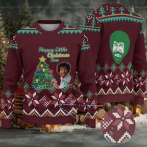 Maroon & Green Snowflake Pattern “Bob Ross Happy Little Christmas Tree” Ugly Christmas Sweater