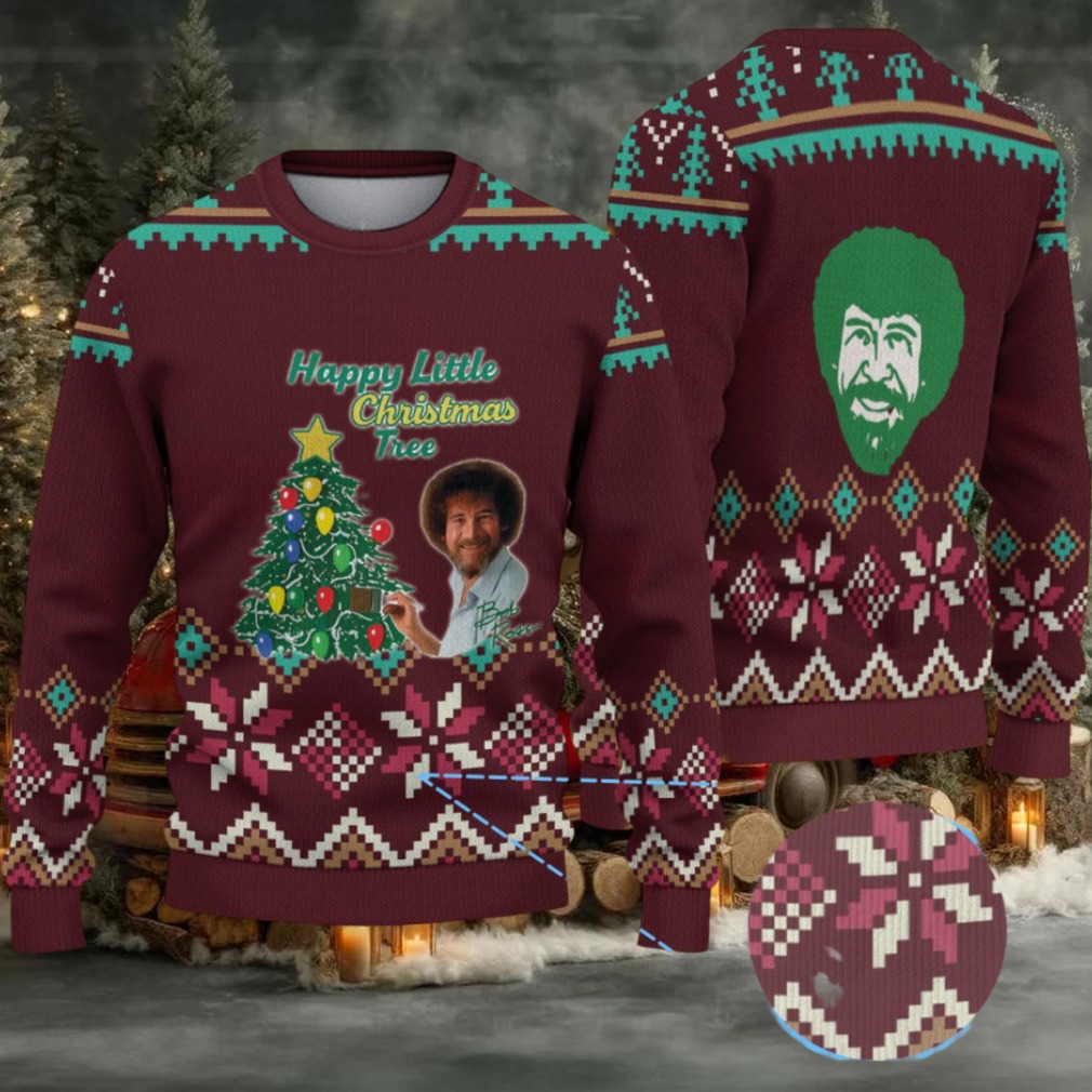 Maroon & Green Snowflake Pattern “Bob Ross Happy Little Christmas Tree” Ugly Christmas Sweater Maroon & Green Snowflake Pattern “Bob Ross Happy Little Christmas Tree” Ugly Christmas Sweater