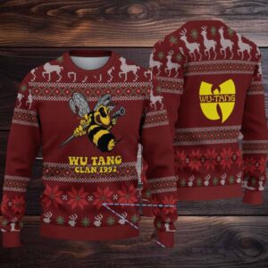 Maroon Reindeer and Snowflake Pattern “Wu Tang Clan 1992 Bee Logo” Ugly Christmas Sweater
