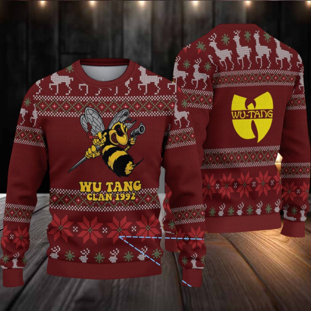 Maroon Reindeer and Snowflake Pattern “Wu Tang Clan 1992 Bee Logo” Ugly Christmas Sweater Maroon Reindeer and Snowflake Pattern “Wu Tang Clan 1992 Bee Logo” Ugly Christmas Sweater