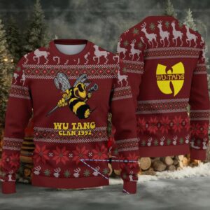 Maroon Reindeer and Snowflake Pattern “Wu Tang Clan 1992 Bee Logo” Ugly Christmas Sweater
