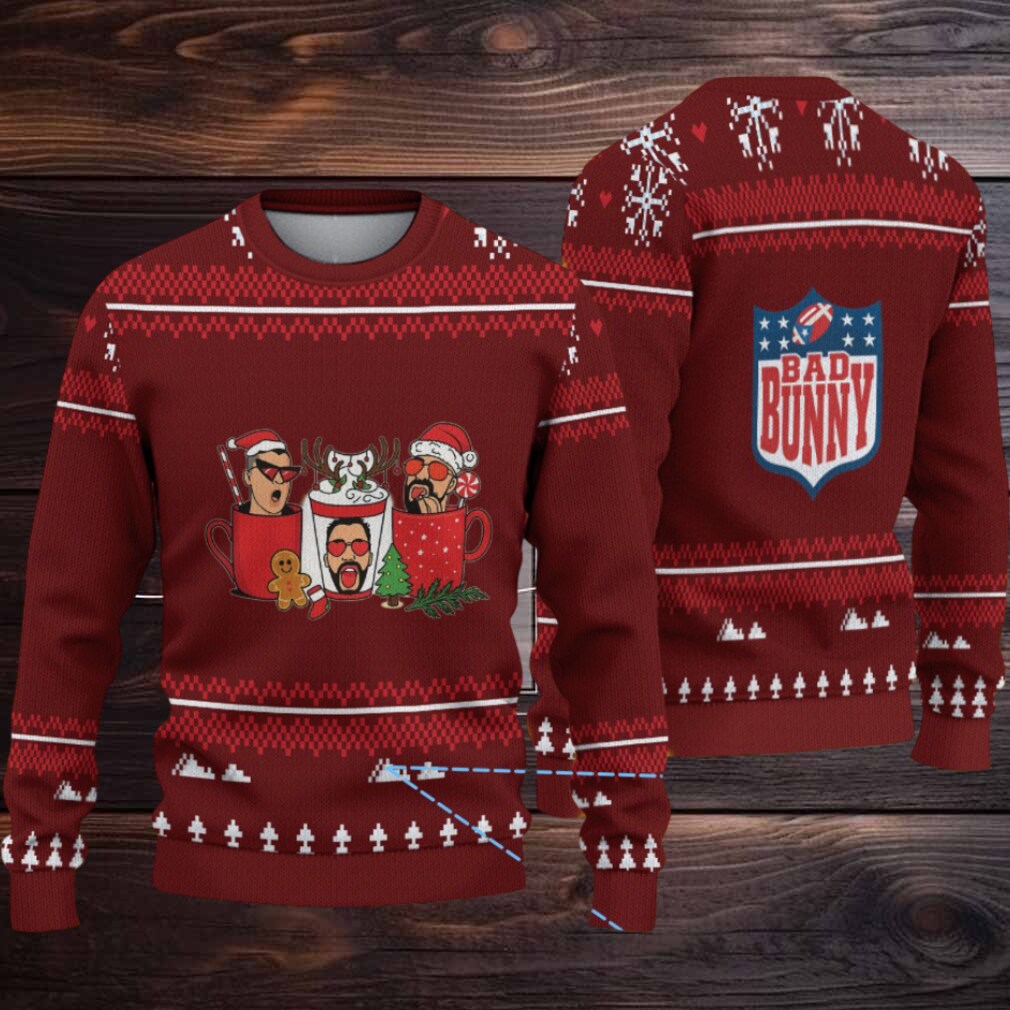 Maroon & White Nordic Tree Pattern “Bad Bunny Hot Cocoa Crew” Ugly Christmas Sweater Maroon & White Nordic Tree Pattern “Bad Bunny Hot Cocoa Crew” Ugly Christmas Sweater