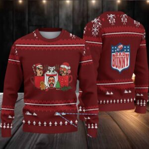 Maroon & White Nordic Tree Pattern “Bad Bunny Hot Cocoa Crew” Ugly Christmas Sweater