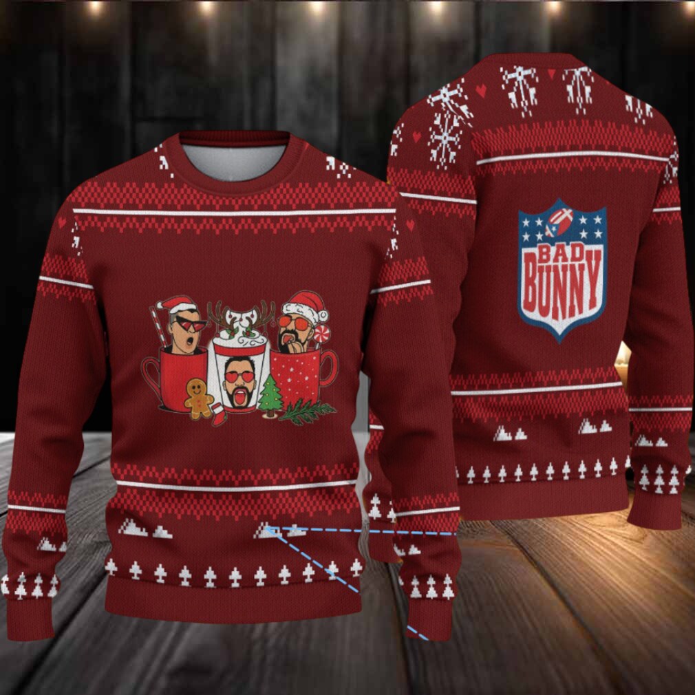 Maroon & White Nordic Tree Pattern “Bad Bunny Hot Cocoa Crew” Ugly Christmas Sweater Maroon & White Nordic Tree Pattern “Bad Bunny Hot Cocoa Crew” Ugly Christmas Sweater