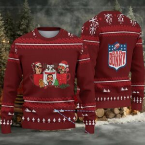 Maroon & White Nordic Tree Pattern “Bad Bunny Hot Cocoa Crew” Ugly Christmas Sweater