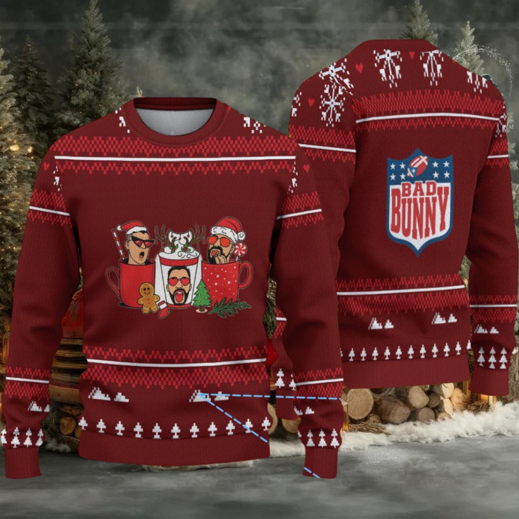 Maroon & White Nordic Tree Pattern “Bad Bunny Hot Cocoa Crew” Ugly Christmas Sweater Maroon & White Nordic Tree Pattern “Bad Bunny Hot Cocoa Crew” Ugly Christmas Sweater