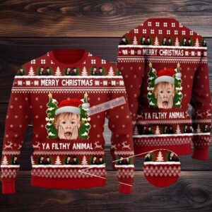 Merry Christmas You Filthy Animal Home Alone Santa Ugly Sweater Red White Naughty