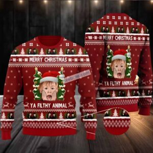 Merry Christmas You Filthy Animal Home Alone Santa Ugly Sweater Red White Naughty