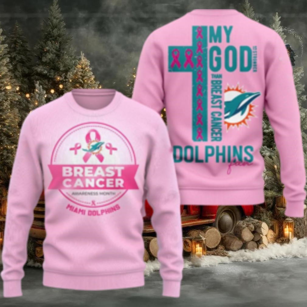 Miami Dolphins 2025 NFL My God Is Stronger Than Breast Cancer Chritmas Sweater Shirt Miami Dolphins 2025 NFL My God Is Stronger Than Breast Cancer Chritmas Sweater Shirt