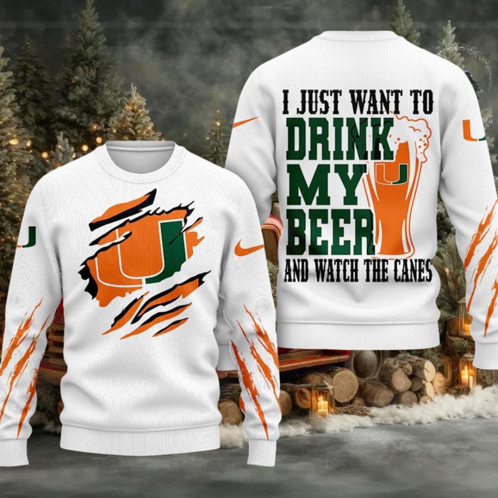 Miami Hurricanes NCAA I Just Want To Drink My Beer And Watch Aggies Ugy Christmas Sweater Miami Hurricanes NCAA I Just Want To Drink My Beer And Watch Aggies Ugy Christmas Sweater