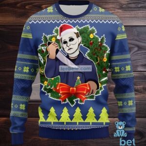 Michael Myers Christmas Wreath Ugly Christmas Sweaters For Couples Blue