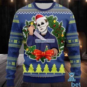 Michael Myers Christmas Wreath Ugly Christmas Sweaters For Couples Blue
