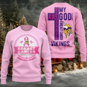 Minnesota Vikings 2025 NFL My God Is Stronger Than Breast Cancer Chritmas Sweater Shirt