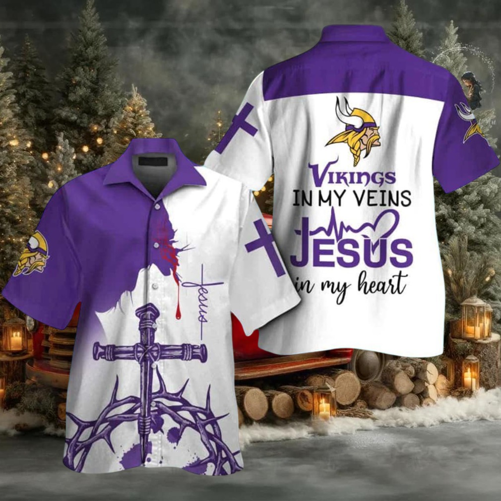 Minnesota Vikings In My Veins Jesus Im My Heart Hawaiian Shirt Minnesota Vikings In My Veins Jesus Im My Heart Hawaiian Shirt