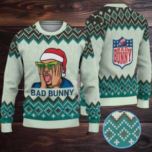 Mint Green & Black Chevron Pattern “Bad Bunny Santa Groove” Ugly Christmas Sweater