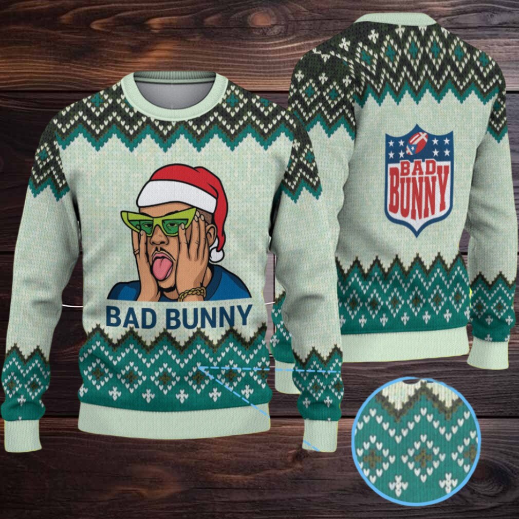 Mint Green & Black Chevron Pattern “Bad Bunny Santa Groove” Ugly Christmas Sweater Mint Green & Black Chevron Pattern “Bad Bunny Santa Groove” Ugly Christmas Sweater