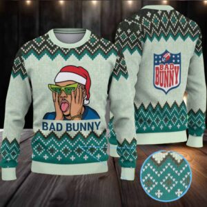 Mint Green & Black Chevron Pattern “Bad Bunny Santa Groove” Ugly Christmas Sweater