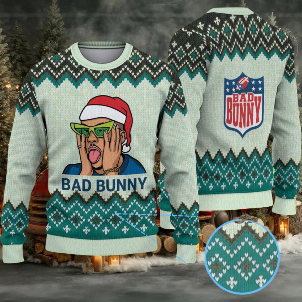 Mint Green & Black Chevron Pattern “Bad Bunny Santa Groove” Ugly Christmas Sweater Mint Green & Black Chevron Pattern “Bad Bunny Santa Groove” Ugly Christmas Sweater