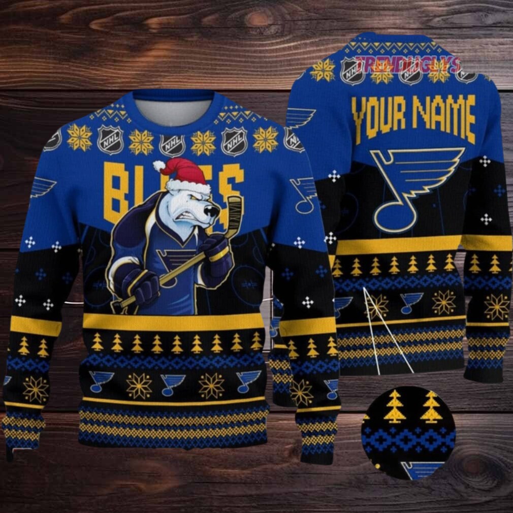 NHL St Louis Blues Mascot Fiery Skates Ugly Christmas Sweater NHL St Louis Blues Mascot Fiery Skates Ugly Christmas Sweater
