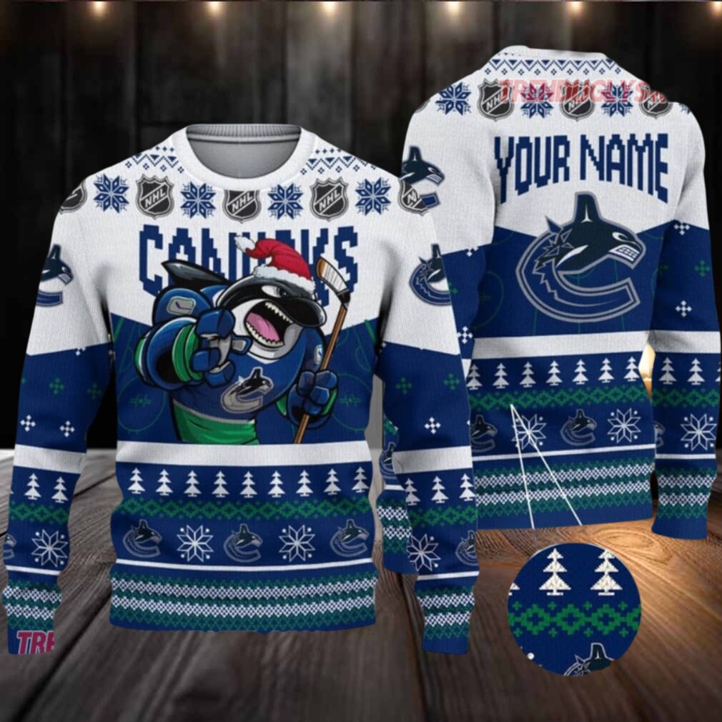 NHL Vancouver Canucks Mascot Fiery Skates Ugly Christmas Sweater NHL Vancouver Canucks Mascot Fiery Skates Ugly Christmas Sweater