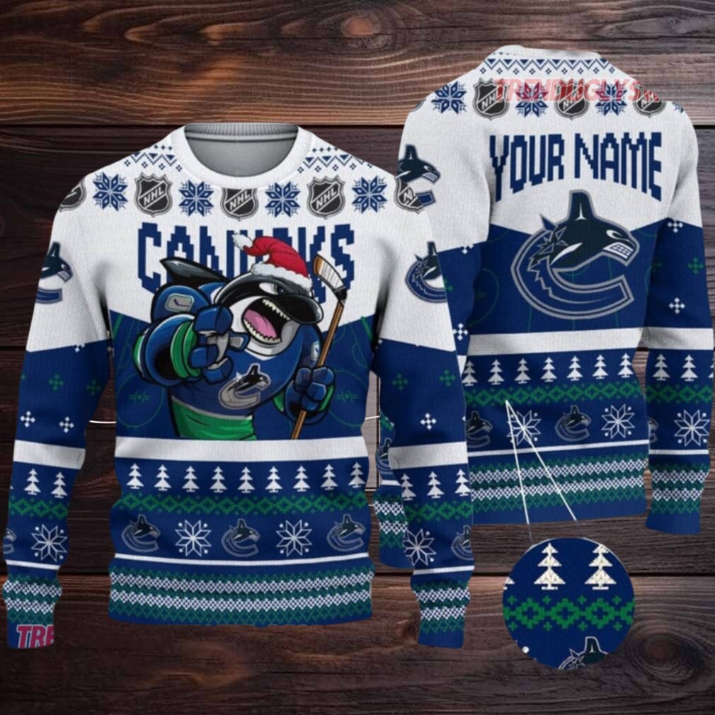 NHL Vancouver Canucks Mascot Fiery Skates Ugly Christmas Sweater NHL Vancouver Canucks Mascot Fiery Skates Ugly Christmas Sweater