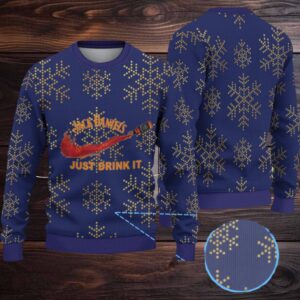 Navy Blue Dotted Snowflake Ugly Christmas Sweater Jack Daniel’s Just Drink It Whiskey Splash