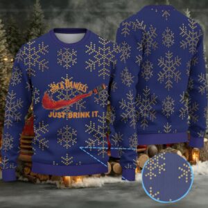 Navy Blue Dotted Snowflake Ugly Christmas Sweater Jack Daniel’s Just Drink It Whiskey Splash