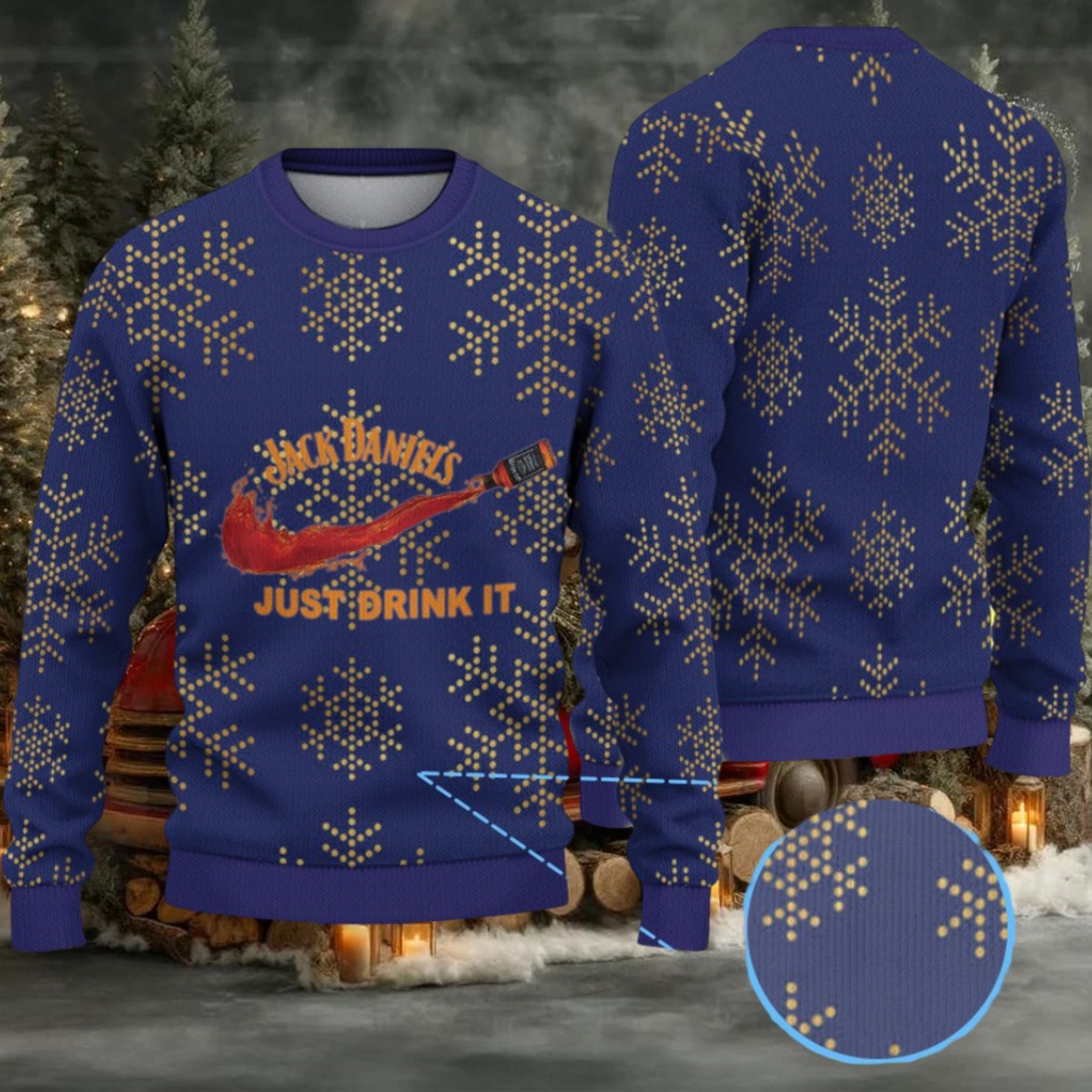Navy Blue Dotted Snowflake Ugly Christmas Sweater Jack Daniel’s Just Drink It Whiskey Splash Navy Blue Dotted Snowflake Ugly Christmas Sweater Jack Daniel’s Just Drink It Whiskey Splash