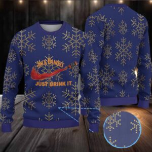 Navy Blue Dotted Snowflake Ugly Christmas Sweater Jack Daniel’s Just Drink It Whiskey Splash