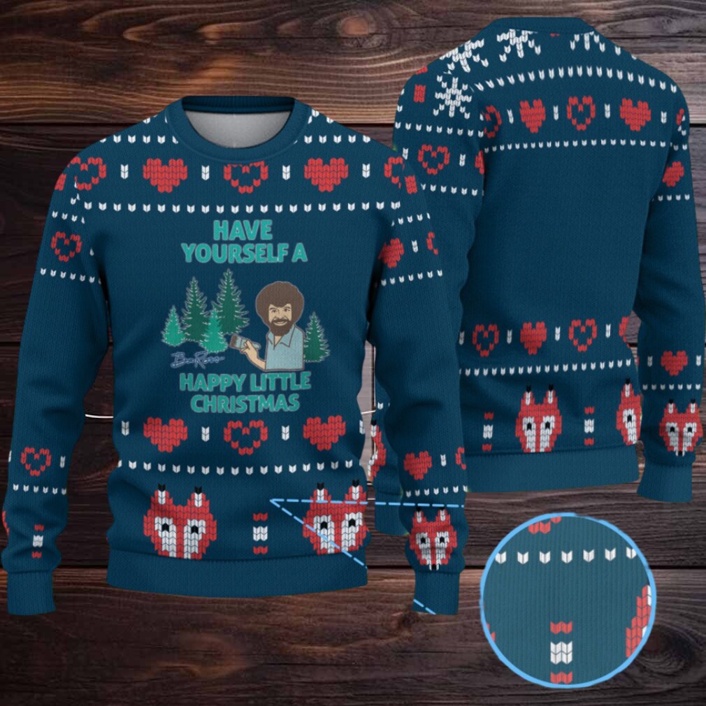 Navy Blue Heart & Fox Pattern “Bob Ross Have Yourself a Happy Little Christmas” Ugly Christmas Sweater Navy Blue Heart & Fox Pattern “Bob Ross Have Yourself a Happy Little Christmas” Ugly Christmas Sweater